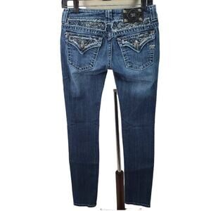 Miss Me Blue Denim Bling Jeans Distressed Flap Pocket Skinny Low Rise 27